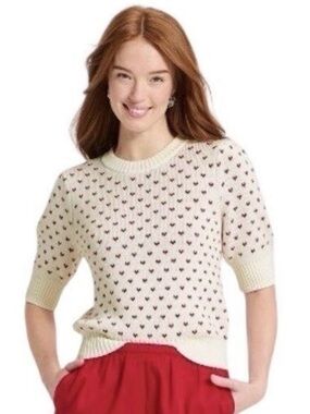 Tiny Hearts Sweater Cream Red 100% Cotton Knit Coquette Cottagecore Spring Small